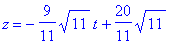 z = -9/11*sqrt(11)*t+20/11*sqrt(11)